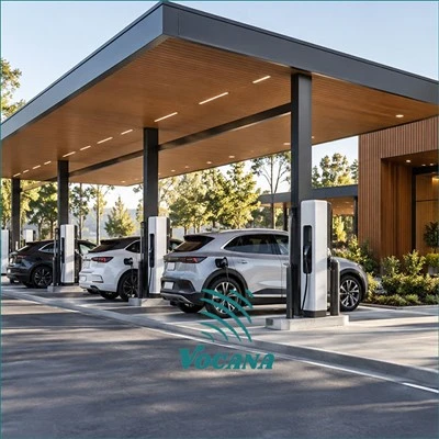Rivestimento in WPC per hub e lounge di ricarica per veicoli elettrici|Vocana